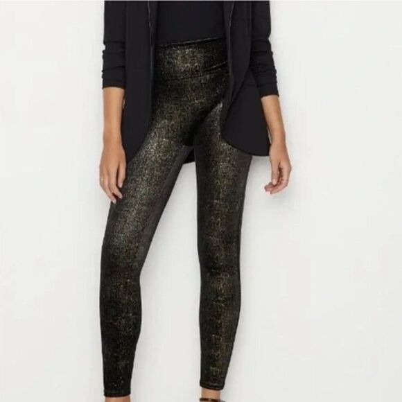 Spanx Size S Small Velvet Shine Leggings Metallic Black Gold - Picture 1 of 9